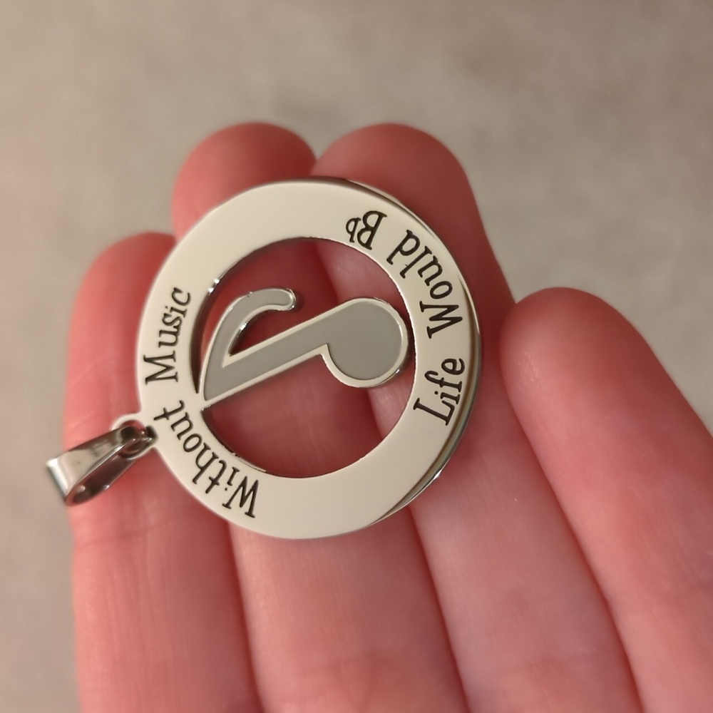 Round Silver Music Note Pendant Necklace with Chain